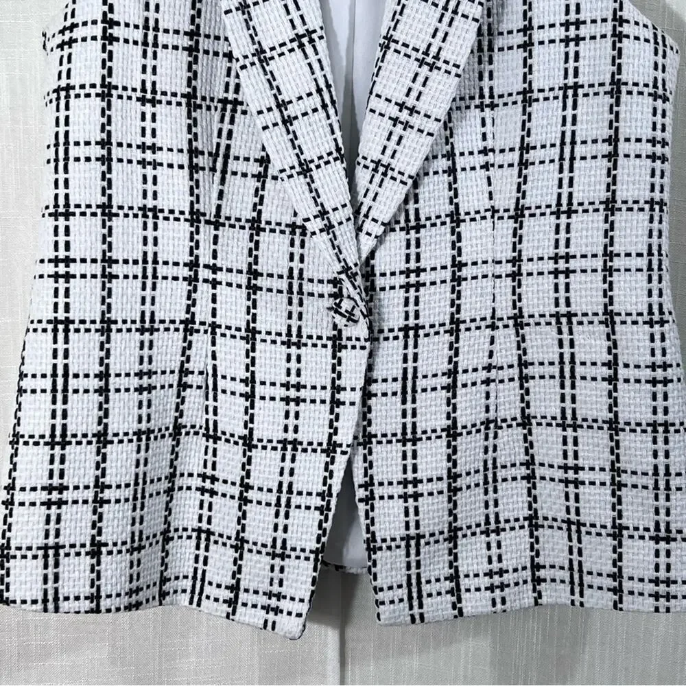 Nanette Lepore Black & White Woven Tweed Plaid One Button Blazer Vest Size M